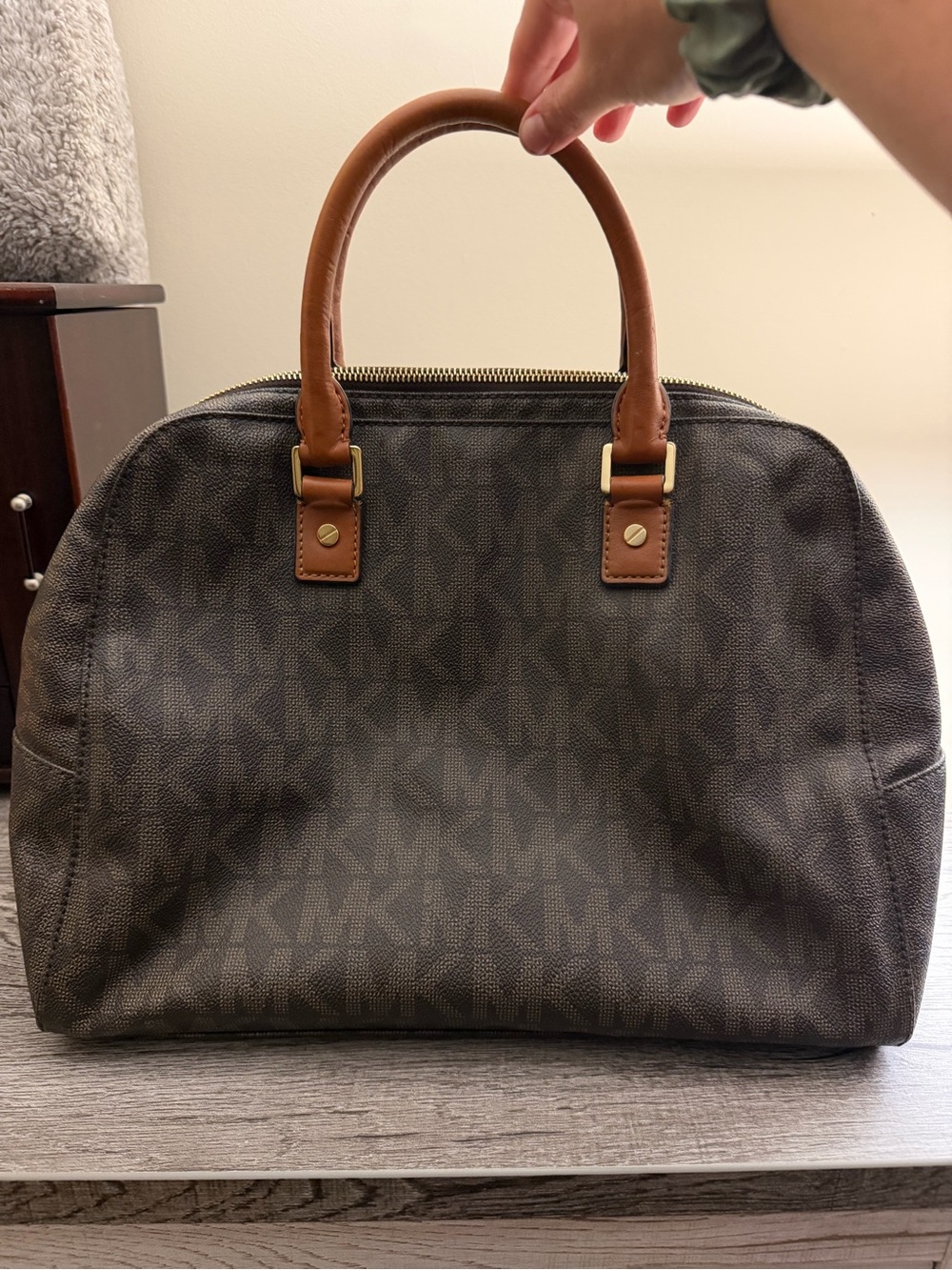 Michael Kors Brown MK Monogram Satchel with Tan Handles - Picture 3 of 4